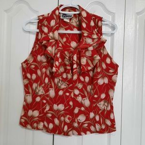 Vintage Sense Red Sleeveless Blouse w/ White tulip floral pattern Ladies Medium